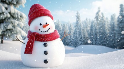 Fototapeta premium Playful snowman, vibrant red clothing, snowy day in the winter woods, 3D illustration