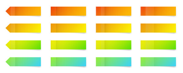 Set of long thin paper stickers. Pointed bookmarks. Stick in notes. Yellow, green, orange, red and blue gradient colors. Multicolor post it notes. Sheets of paper. Tag, sticky note.	
