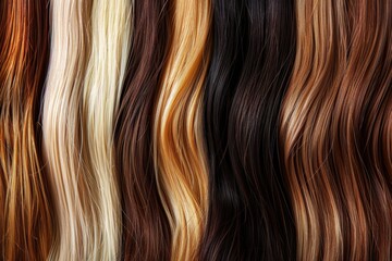 Fototapeta premium Extension. Hair Swatches of Natural Hair Colors. Beautiful Arrangement of Hair Samples