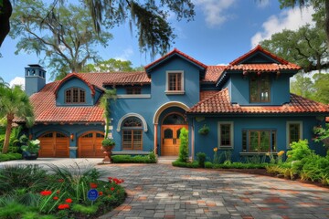 Obraz premium Exterior Paint. Front View of Beautiful House with Blue Paint and Red Roof