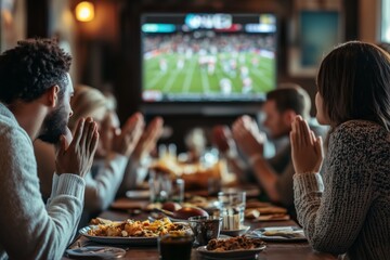 Group of friends enjoying food and watching a football game on TV at a bar with excitement.