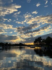 scenic reflective orange and blue sunset over body of water