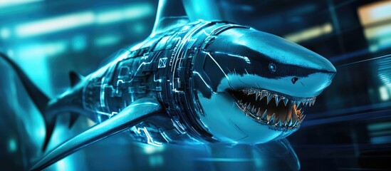 3D illustration of a cyber shark poised to strike