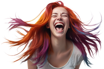 Young woman with vibrant multicolored hair captured mid-laughter, expressing pure joy, isolation against a stark white background, focus on radiant expressions, detailed hair texture, candid moment