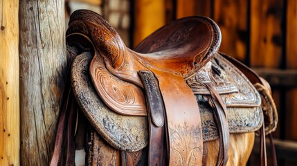 Leather Saddle on Wooden Post