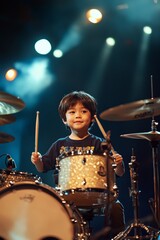 A young boy joyfully playing drums on stage, illuminated by colorful stage lights during a performance.