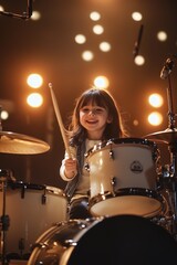 Smiling young girl playing drums on a brightly lit stage, showcasing joy and passion for music and performance.