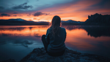Solitary Woman Meditating by a Serene Lake During a Vibrant Sunset in a Mountain Landscape, Reflecting on Peace, Tranquility, and Deep Connection with Nature and Wilderness
