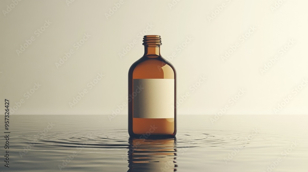 Poster a 3d render of a blank product label on a floating bottle