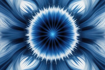 Blue explosion capturing the dynamic interplay of hues, centered, high intensity at the core grading to calm edges, stretching radially with perfect spherical symmetry