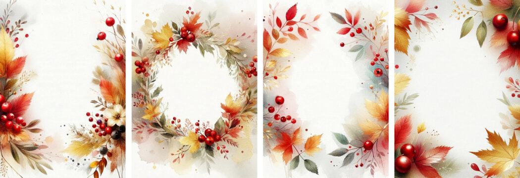 Elegant Banner set with Autumn Red, Gold Leaves in watercolor: Perfect for Thanksgiving Greetings and Festival Invitations