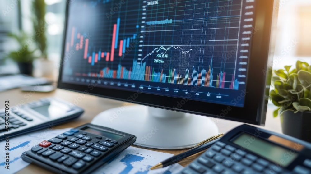 Poster A scene showing multiple financial graphs and charts on a computer screen, with a calculator and pen placed beside, ready for in-depth banking and financial analysis.