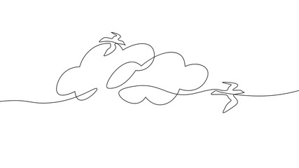 Continuous one line art cloud sky and birds. Nature peaceful landscape. Hand drawn sketch monochrome vector illustration