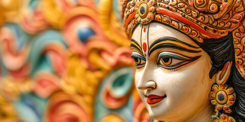 Captivating made of clay image of Beautiful Lord Durga face in the south indian style against a vibrant and dynamic background