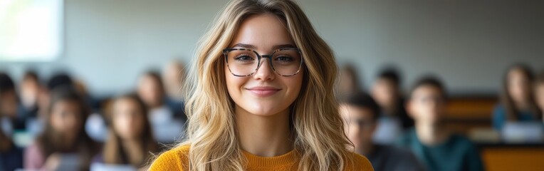 Obraz premium Warm Smile of a Cheerful Teacher in a Lively Classroom
