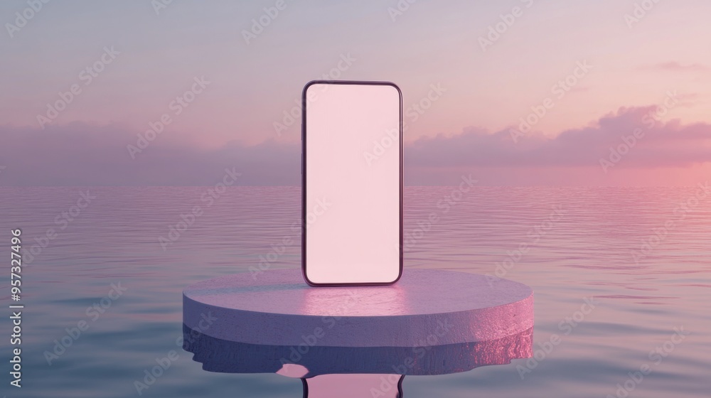 Poster a 3d render of a blank screen smartphone on a floating platform