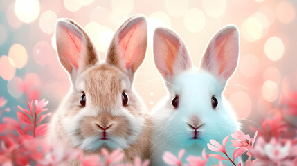 Obraz premium Colourful Easter Banner With Bunnies Eggs And Flow