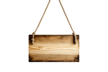 Distressed wooden sign, suspended from hemp rope, plain white background, wood grain prominent, floating centrally, natural light casting soft shadow below, high key lighting, digital photography