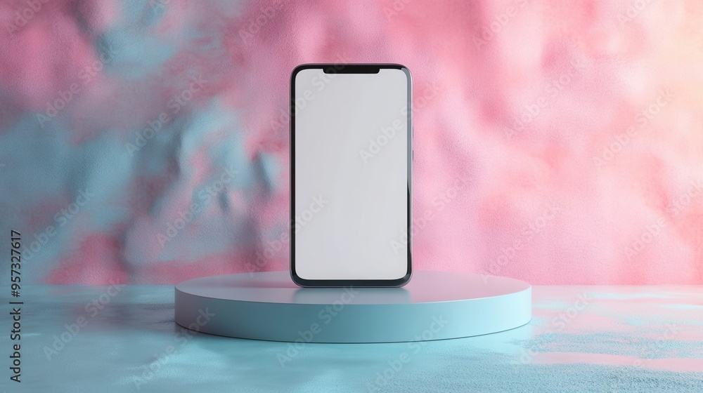 Poster a 3d render of a blank screen smartphone on a floating platform