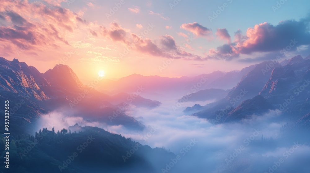 Aufkleber a serene morning scene with fog rolling through a mountain valley as the sun rises, casting a soft, 