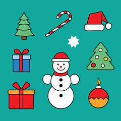 christmas illustration set isolated on blue background vector graphics. bold and solid line