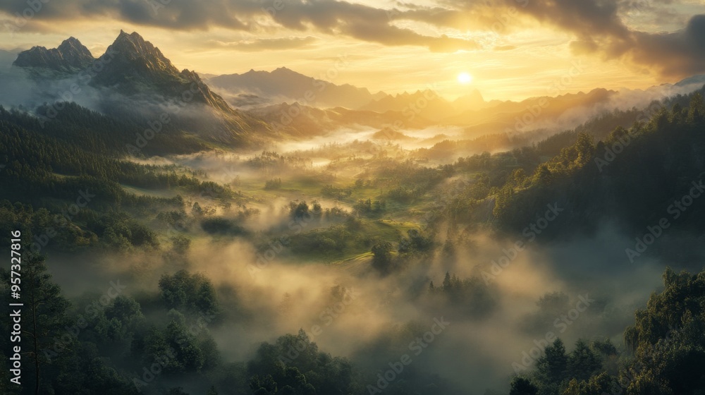 Poster a serene morning scene with fog rolling through a mountain valley as the sun rises, casting a soft, 