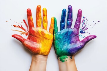 Hands covered in vibrant rainbow paint, symbolizing creativity, expression, and diversity on a white background.