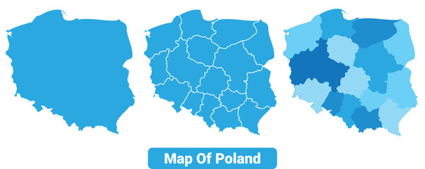 Vector Blue Poland political maps with borders regions simple flat illustration set 