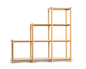 Stylish wooden shelving unit on white background