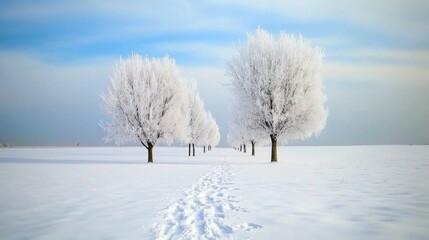 Fototapeta premium Discovering a tranquil winter wonderland with snow-covered trees and a winding trail leading into the serene blue sky