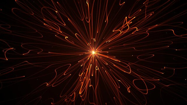 Seamless looped golden energy burst made of bright glowing lines smoothly pulsating on a black background. Shiny animation of hot power emitter with string waves float in zero gravity. Loop 4K 60fps
