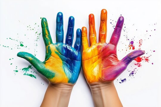 Vibrant multicolored hands splashed with paint against a white backdrop, capturing creativity, art, and playful expression.