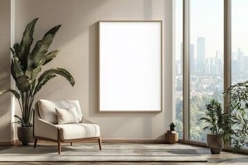 Poster Frame in Beige minimalist living room interior created with generative AI