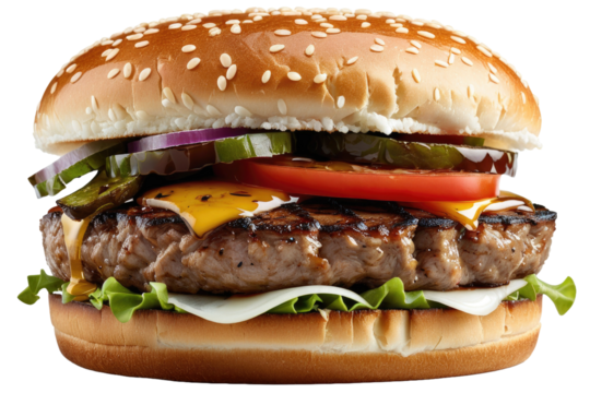 Hamburger meat, grilled, char marks visible, centered on a pristine white background, full depth of field, macro shot, sharp focus from edge to edge, meat fibers texture-highlighted