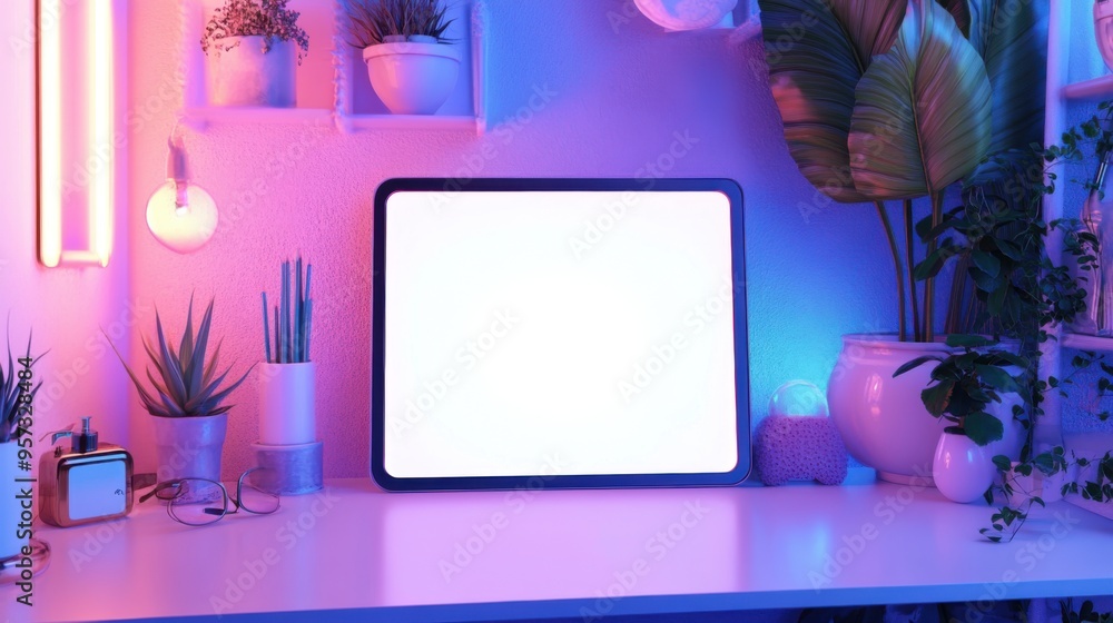Poster a 3d render of a blank screen tablet on a digital workspace