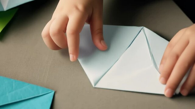 Kid folding origami paper plane DIY creative education pre-school children kindergarten class creativity imagination handful skill young cute baby art family tutorial kind parents child growth craft