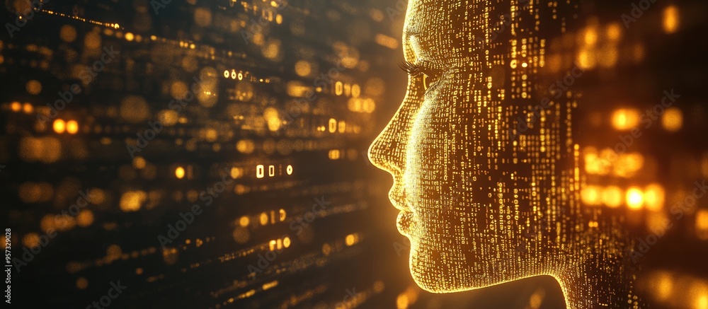 Poster 3d illustration of a golden computer processor set against a backdrop of code featuring a facial des