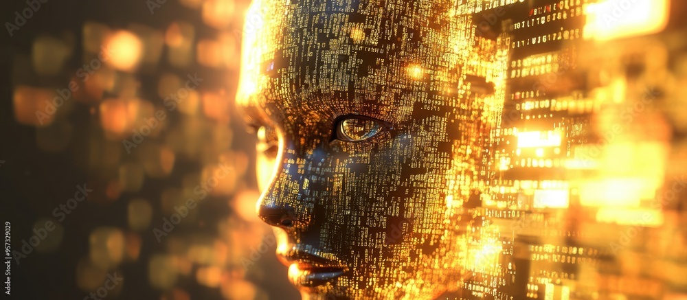 Poster 3d illustration of a golden computer processor set against a backdrop of code featuring a facial des