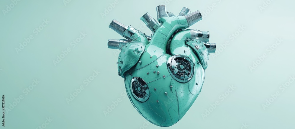 Poster 3d illustration of a green artificial heart with cyborg features set against a soft mint background 