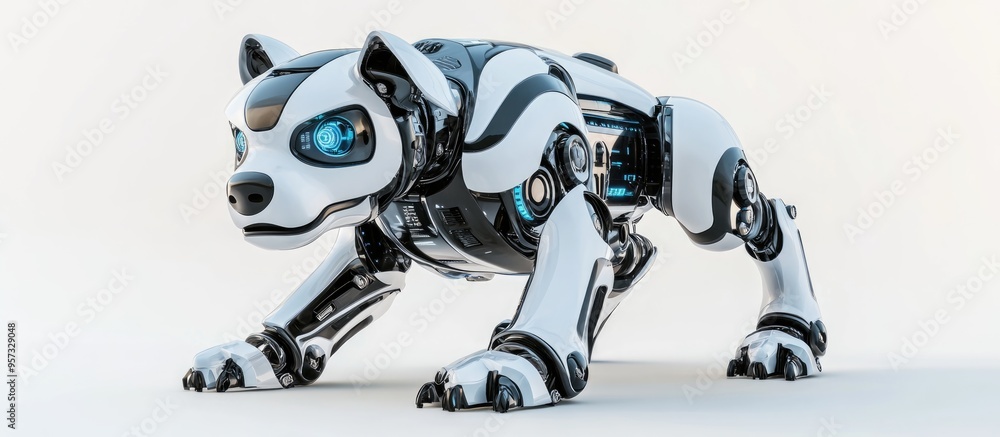 Poster 3D illustration of a guard dog robot on a white background adding a playful element to your creations while serving as a security system