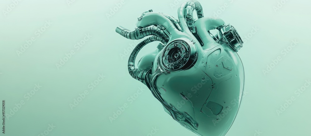 Poster 3d illustration of a green artificial heart with cyborg features set against a soft mint background 
