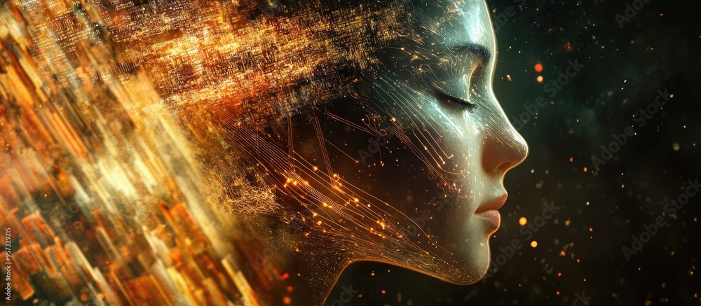 Aufkleber 3d illustration of a human face blended with computer elements exploring themes of advanced ai digit