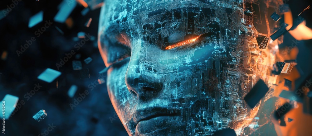 Poster 3d illustration of a human face blended with computer elements exploring themes of advanced ai digit