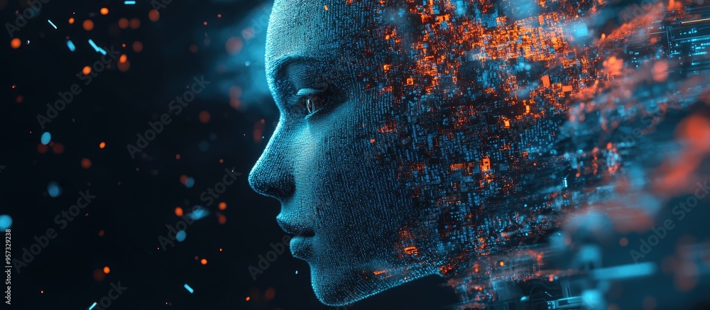 Poster 3d illustration of a human face blended with computer elements exploring themes of advanced ai digit