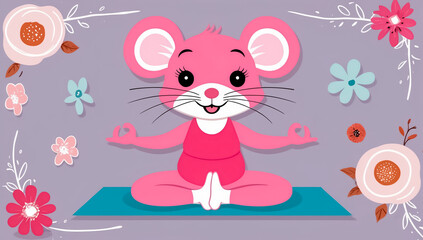 cute cartoon mouse yoga pose, flowers, flat design illustration