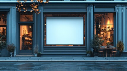 A 3D render of a blank storefront sign in a trendy district