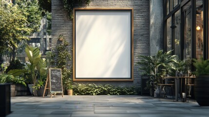 A 3D render of a blank storefront sign in a trendy district