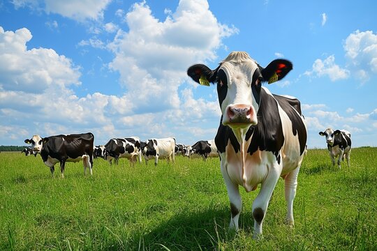 Holstein cows standing in a green field under a bright, blue sky with fluffy clouds, enjoying a sunny day.