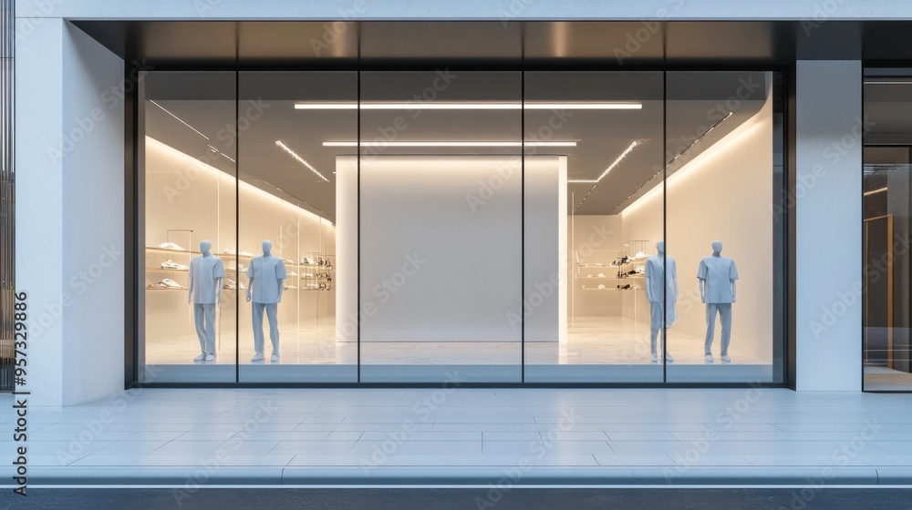 Poster a 3d render of a blank storefront window with mannequins inside