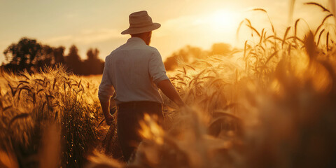Fototapeta premium Farmer walking through golden wheat field at sunset with hat and harvest basket